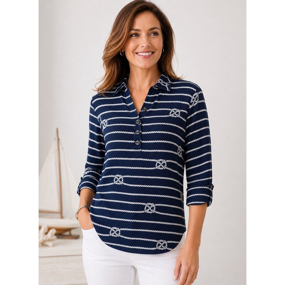 Talbots‎ New Blue Nautical Rope Popover Blouse Top Tab Sleeves Coastal X -P